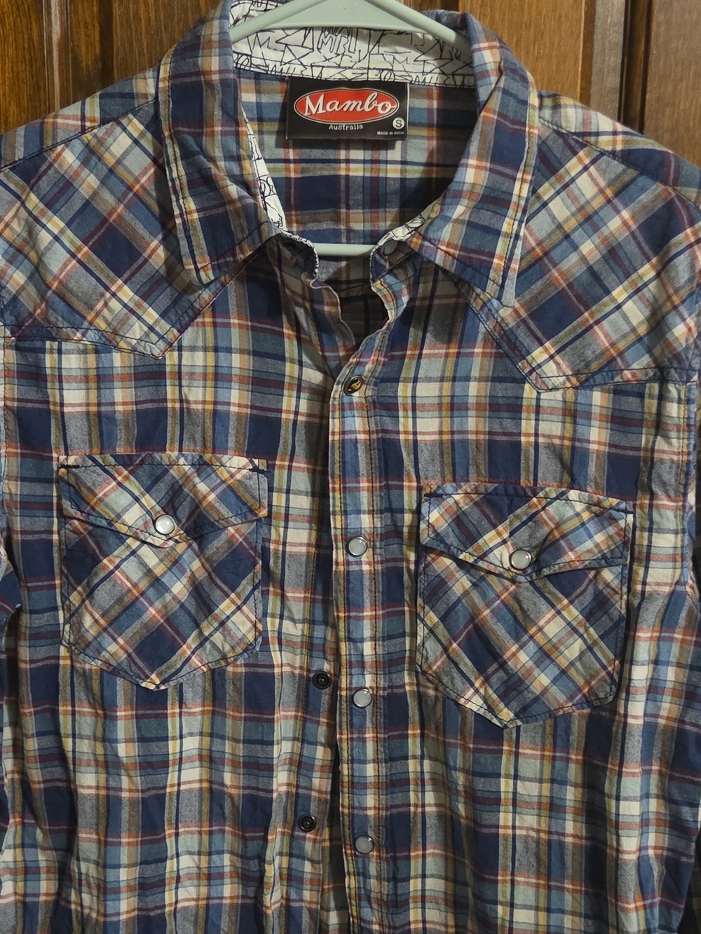 Mambo Australia Mens Small Plaid Western Pearl Snap Shirt Farting Dog Logo Y2K